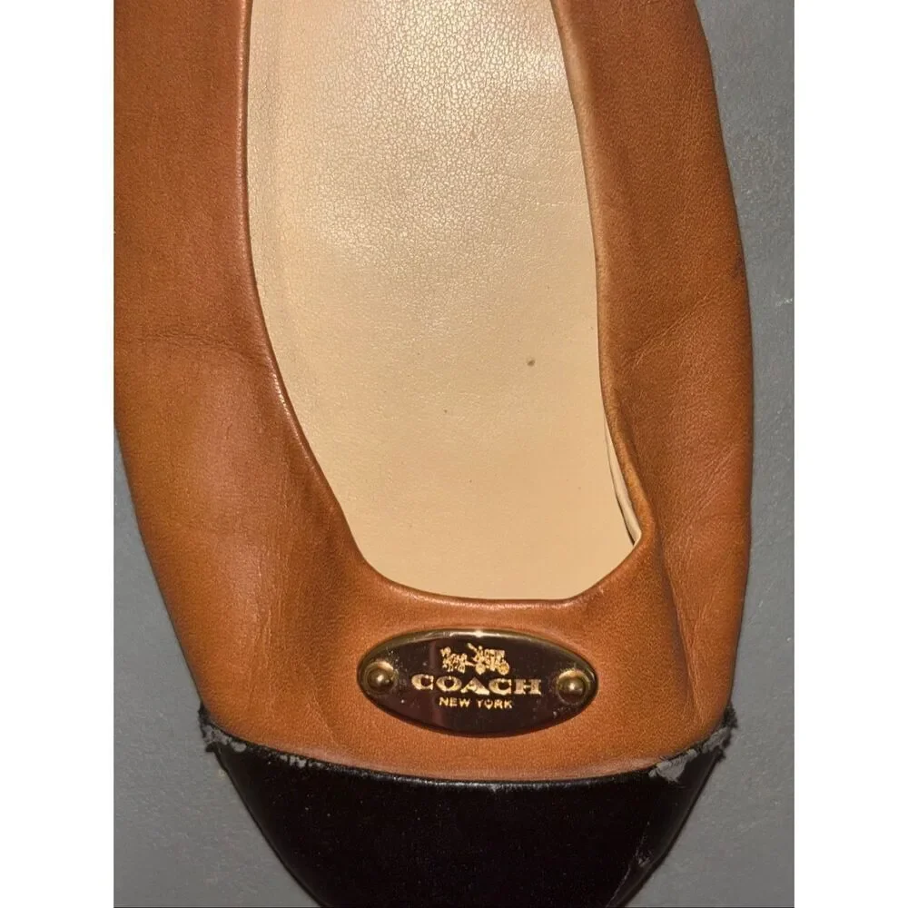 Coach 100% Leather New York Brown Black Tip Ballet Flats Slip On Shoes Women's 9